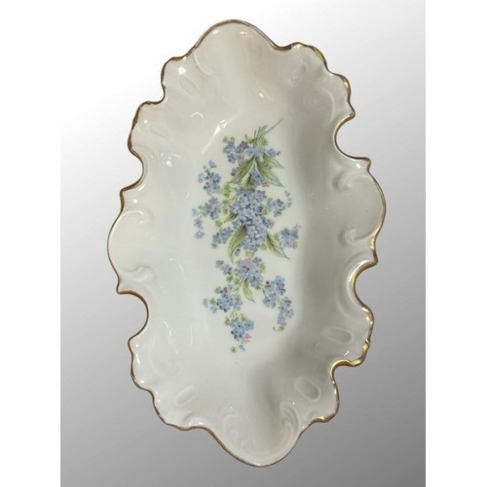 Limoges France GoldTrim Forget-Me-Not Floral Porcelain Scalloped Candy Dish Bowl